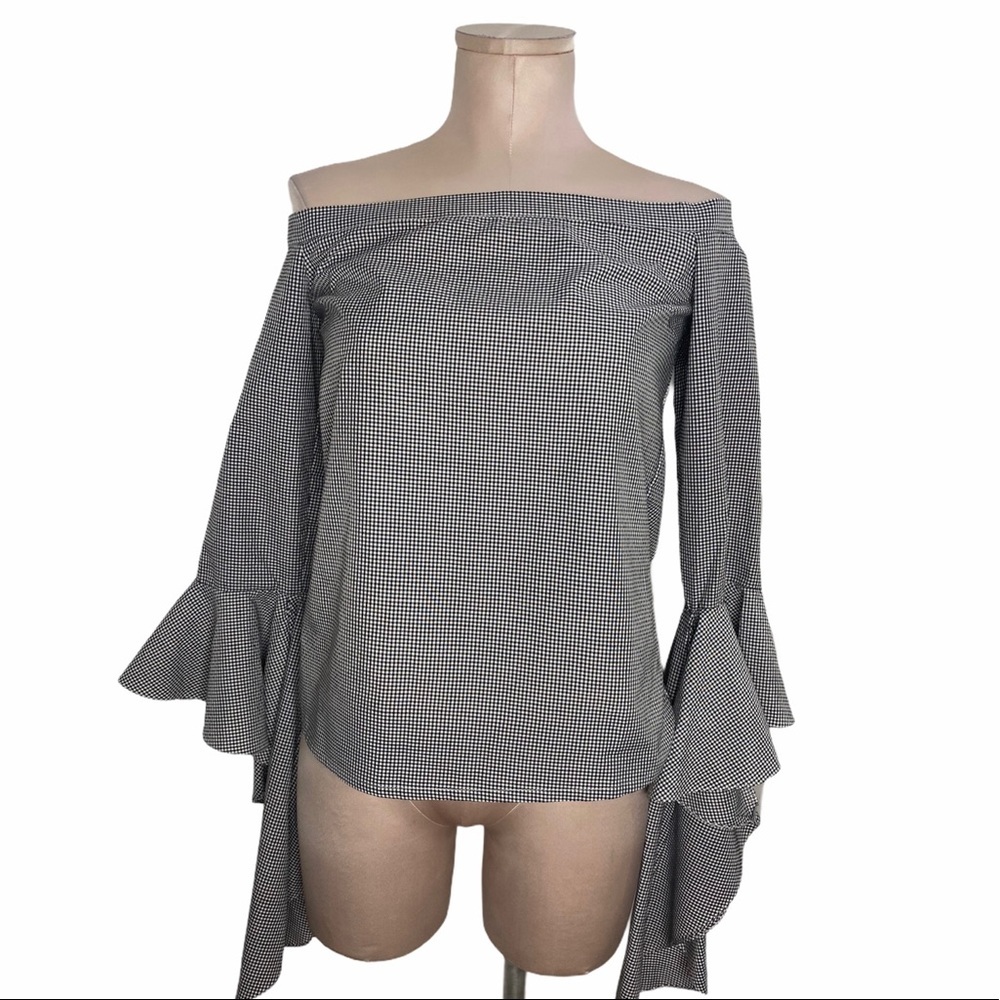 MLM Gingham Print Over Shoulder Dolman Sleeve Top
